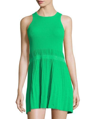 Sleeveless Ribbed-knit Pleated Dress, Green