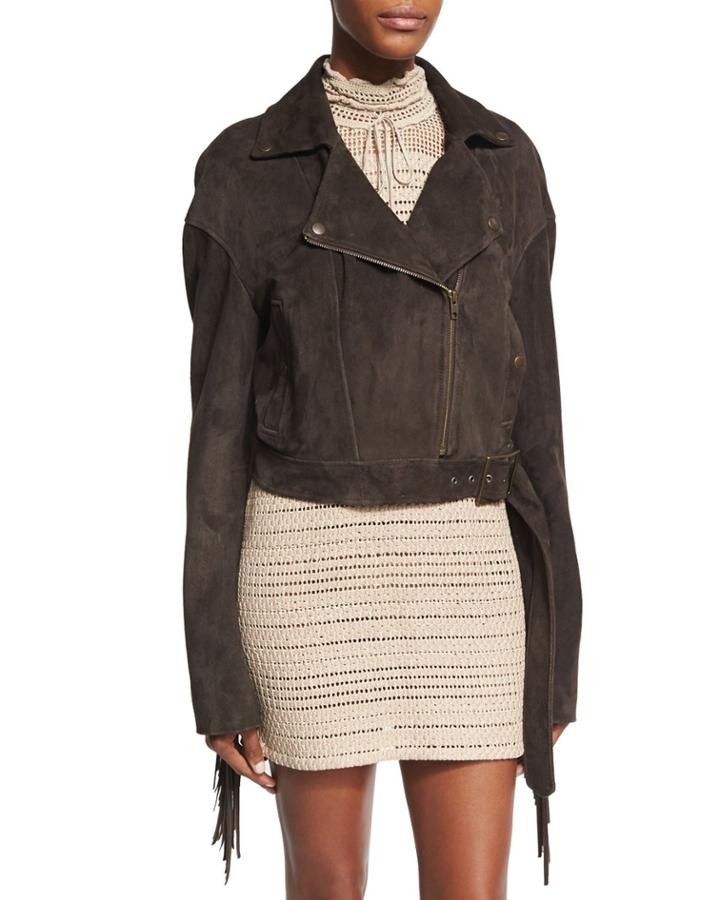 Lincoln Embroidered Suede Biker Jacket With Fringe, Brown