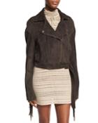 Lincoln Embroidered Suede Biker Jacket With Fringe, Brown