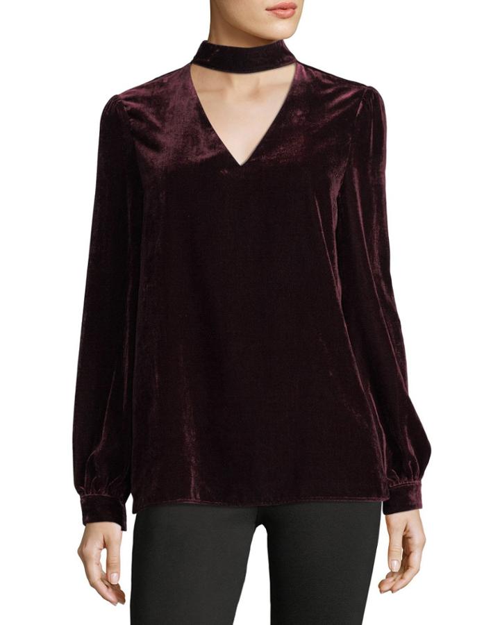 Tamar Choker V-neck Long-sleeve Velvet Blouse