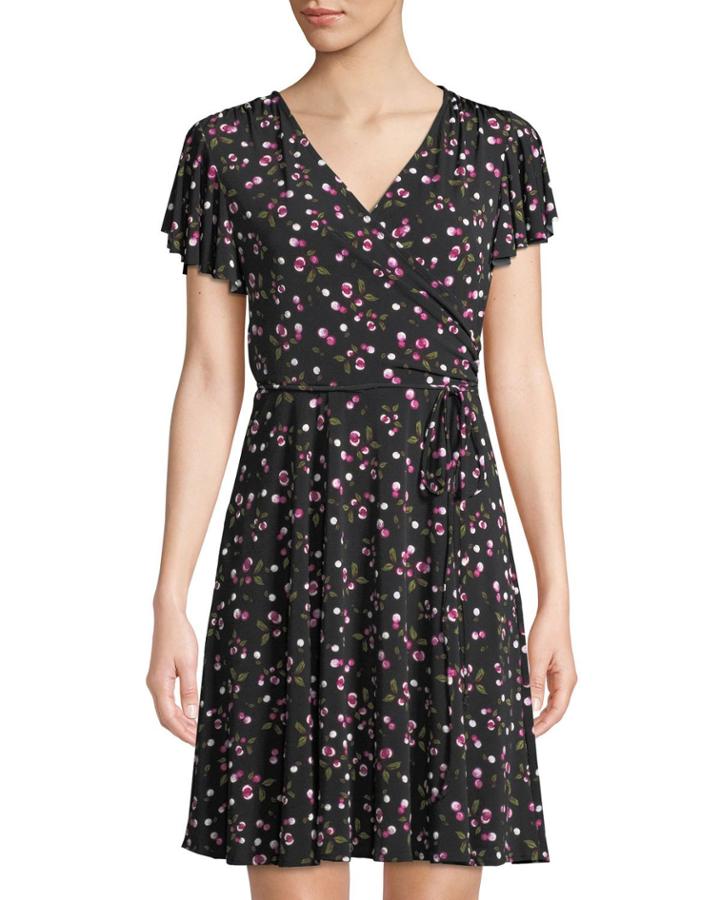 Floral-print Flutter-sleeve Wrap Dress