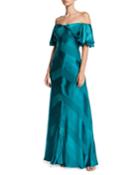 Off-the-shoulder Draped-sleeve Tonal-striped Satin Evening Gown