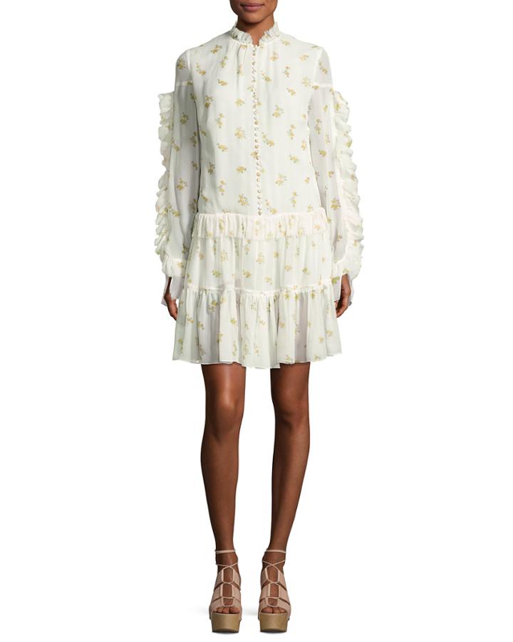 Metz Floral-print Ruffle-trim Tiered Dress, Cream