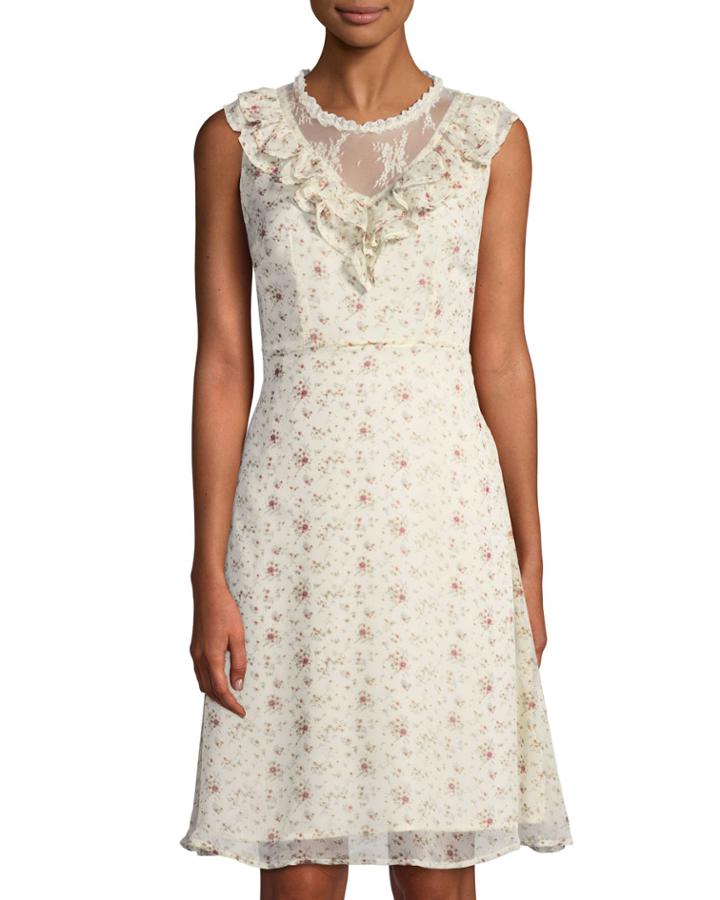 Sleeveless Ruffed Floral-lace Dress