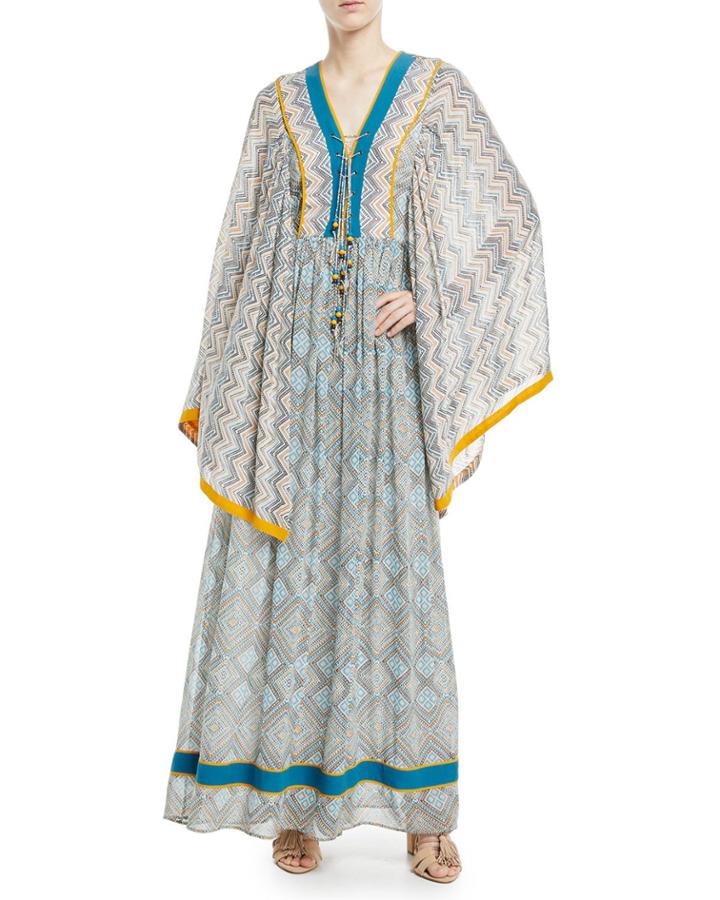 Jasmin Lace-up Front Long Kimono Silk Caftan With Pompom Trim