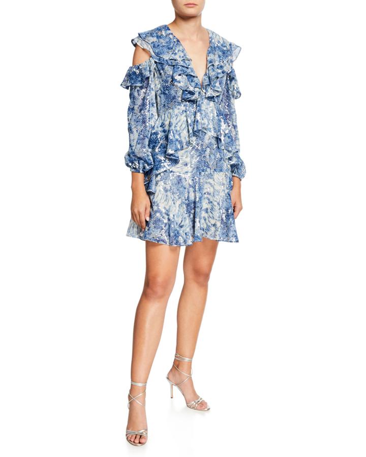 Elkus Metal Painted Cold-shoulder Ruffled V-neck Dress