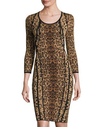 Animal-print Knit Sheath Dress, Brown Combo