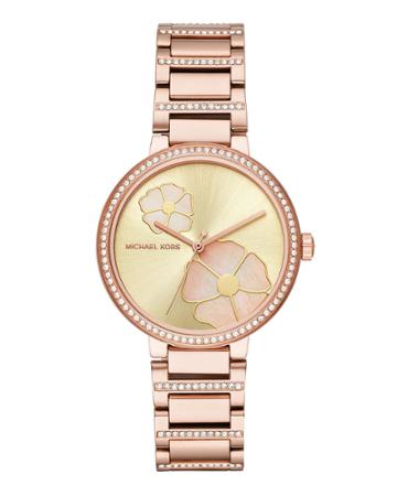 36mm Courtney Flower & Crystal Bracelet Watch, Rose Golden