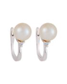 14k White Gold Pearl & Diamond Huggie Earrings