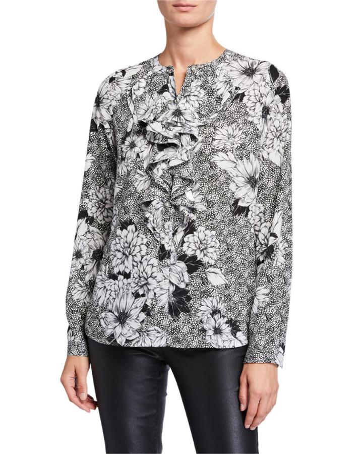 Floral Long-sleeve Ruffle-bib Blouse
