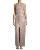 Sequined Evening Gown With Belt, Bisque