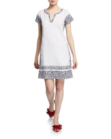 Finley V-neck Cap-sleeve Linen Dress With Hand-embroidered Trim