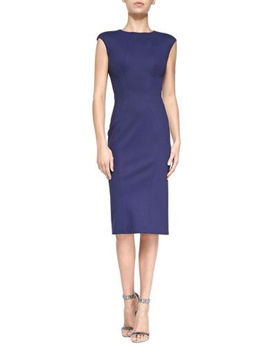 Sleeveless Jewel-neck Fitted Dress, Navy