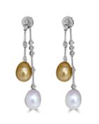 14k White Gold Double Pearl & Stick Dangle Earrings