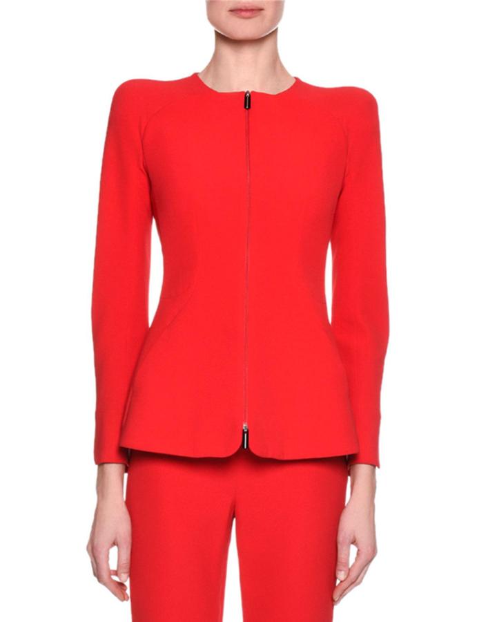 Collarless Zip-front Silk Jacket, Pink