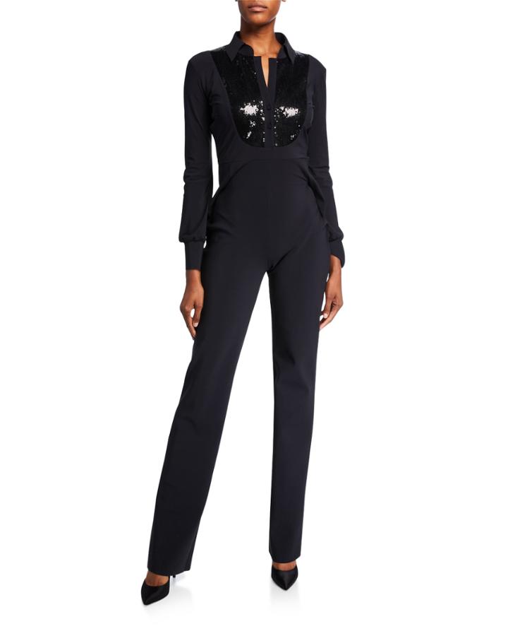 Sequin-bib Long-sleeve Tux Jumpsuit