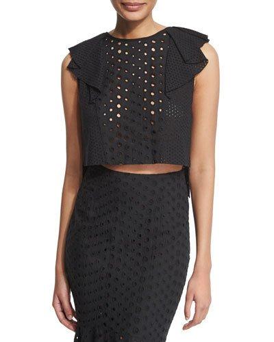 Ruffle-trim Eyelet Crop Top, Black