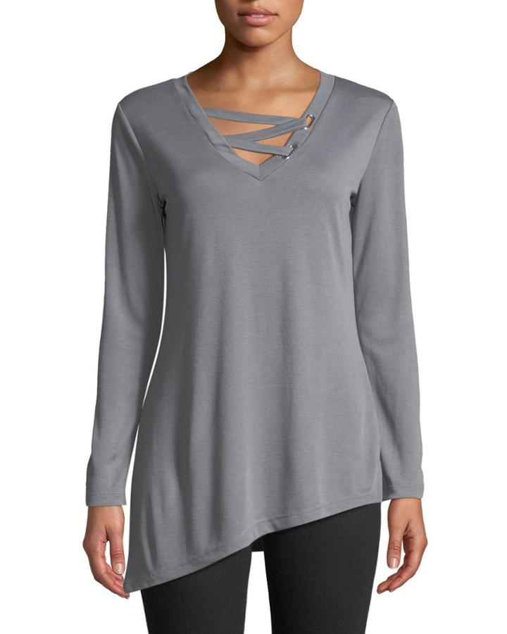 Sueded Pique Crisscross Long-sleeve Tee