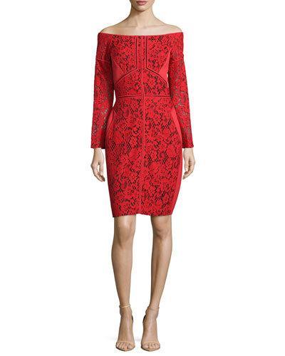 Off-the-shoulder Lace Sheath Dress, Rouge