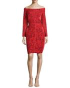 Off-the-shoulder Lace Sheath Dress, Rouge