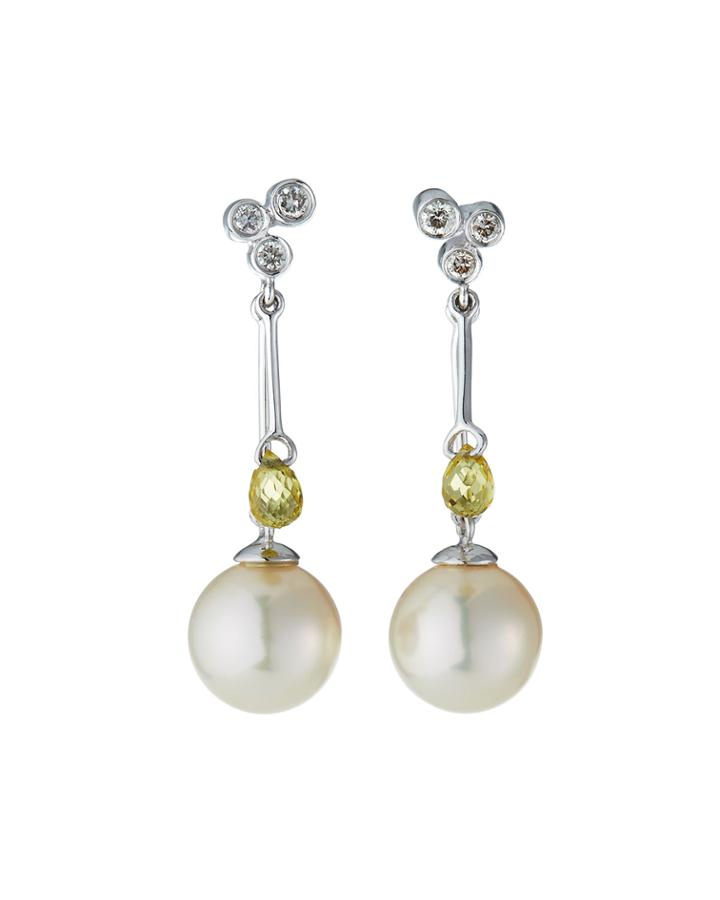 14k White Gold Diamond Trio-post Pearl Earrings