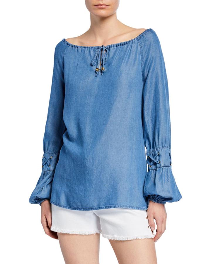 Lace Sleeve Blouse W/ Adjustable Tie-neck