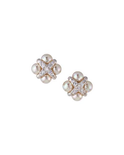 Cz Crystal Cross Pearl Button Earrings