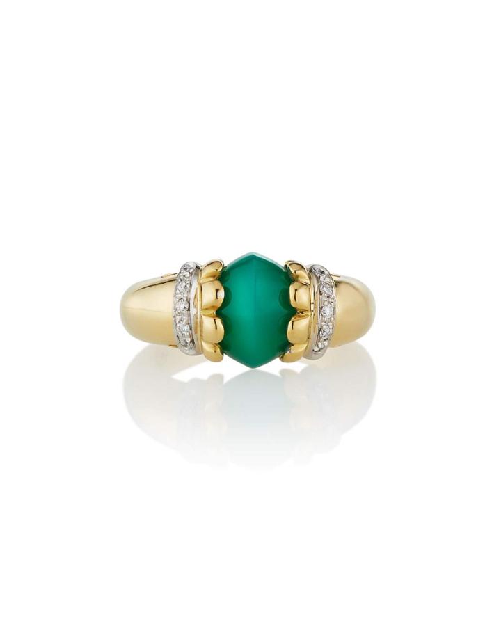 Estate 18k Yellow & White Gold Green Agate Diamond Ring,