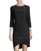 3/4-sleeves Bead-neck Draped Dress