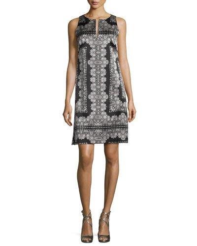 Sleeveless Silk Lace-print Mini Dress, Black/white