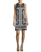 Sleeveless Silk Lace-print Mini Dress, Black/white