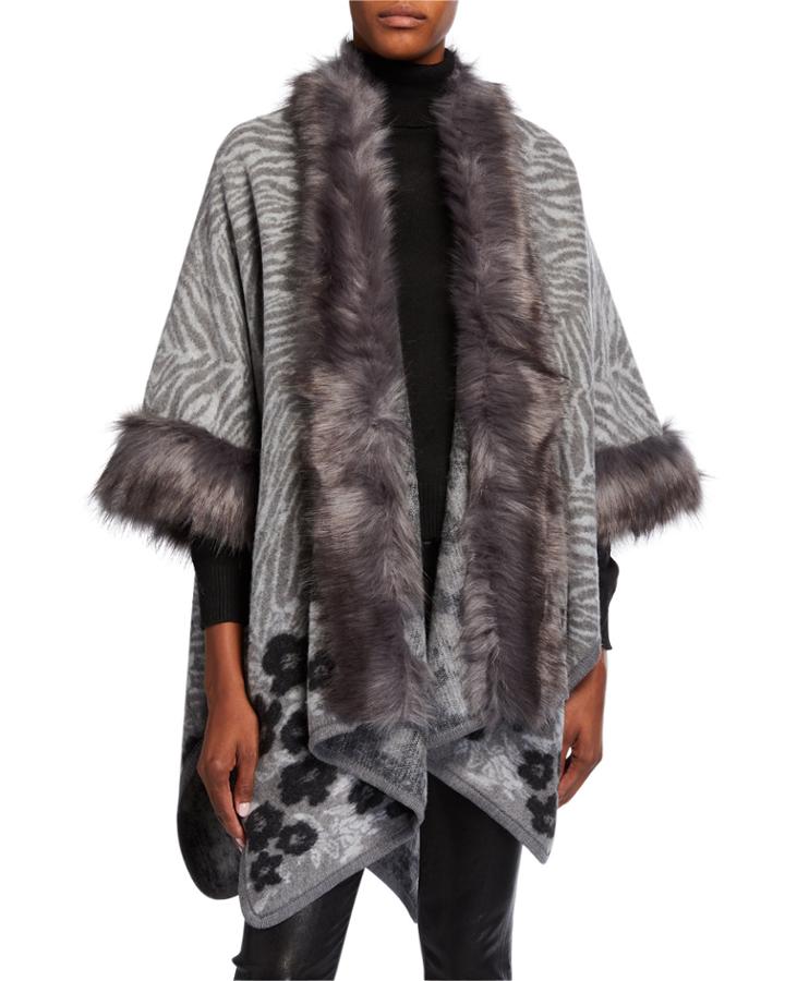 Printed Poncho W/ Faux Fur Trim