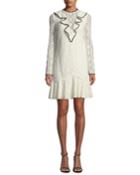 Long-sleeve Lace Dress W/ Ruffle Front