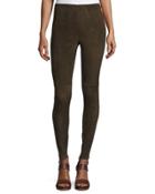 Suede Ankle-zip Leggings, Olive