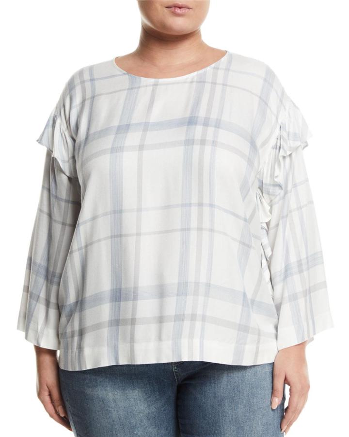 Ruffle-trimmed Bell-sleeve Plaid Blouse,