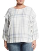 Ruffle-trimmed Bell-sleeve Plaid Blouse,