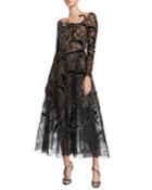 Long-sleeve Illusion-neck Arabesque-embroidered A-line Cocktail Dress