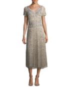 Short-sleeve V-neck Beaded Sequin Cocktail Dress