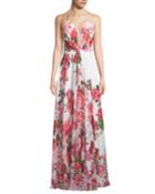 Floral-print Illusion Sweetheart Dress, White/pink