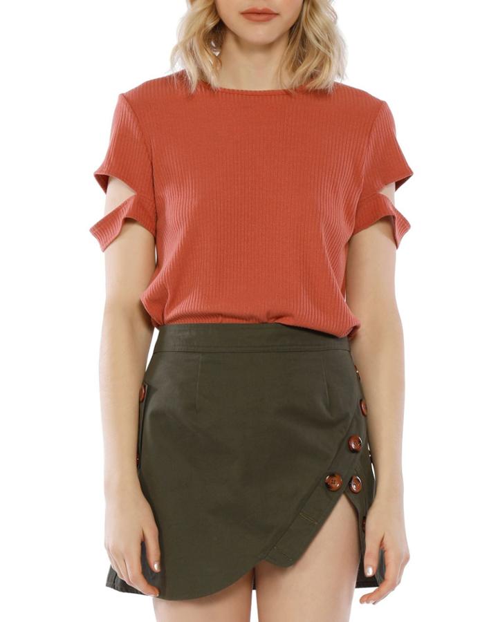 Kennedy Crewneck Split-sleeve Ribbed Top