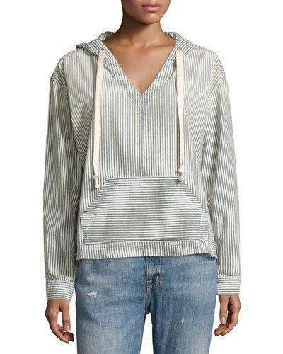 V-neck Striped Denim Hoodie, Blue Hickory