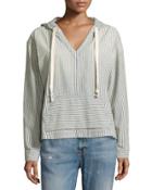 V-neck Striped Denim Hoodie, Blue Hickory