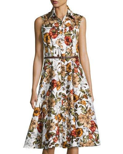 Floral-print Belted Shirtdress, White Pattern
