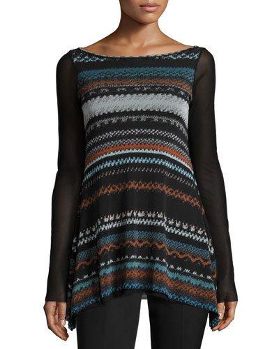Boho-stripe Sheer-sleeve Top, Black/multi