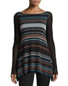 Boho-stripe Sheer-sleeve Top, Black/multi