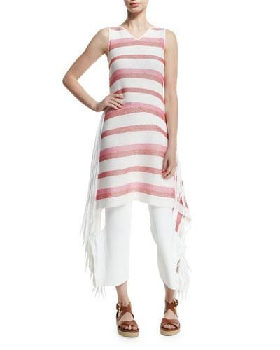 Sleeveless Striped Tunic Dress W/fringe