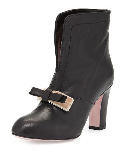 Bow Split-front Leather Bootie, Black (nero)