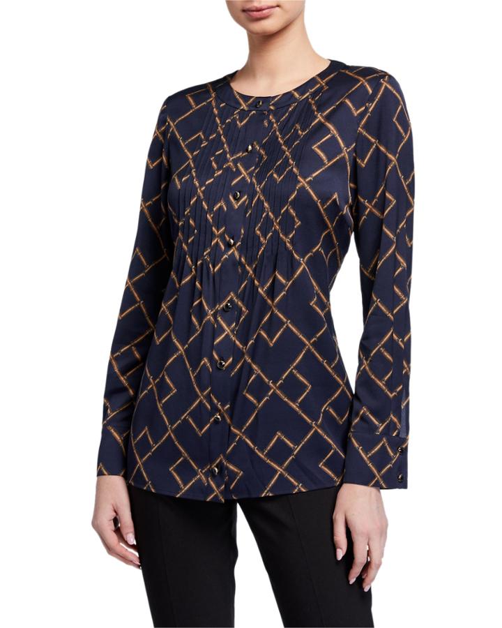 Silk Crepe Pintuck Button-front