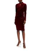 Mock-neck Long-sleeve Stretch Velvet Dress W/ Bead Trim