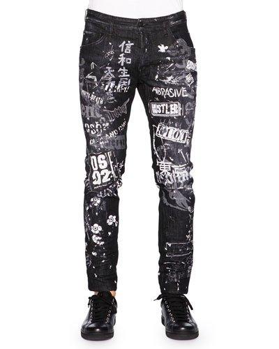Graffiti-print Skater Jeans, Black